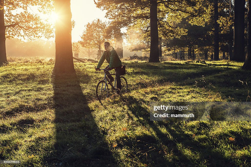 Young man cycling in Richmond Park, London