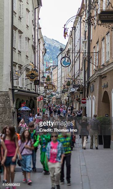 Tourists walking through the old town of Salzburg on May 19 in Salzburg, Austria. The old town is internationally renowned for its baroque...