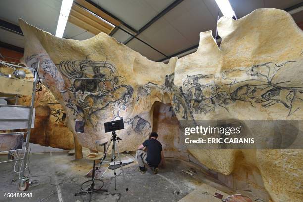 Visual artist David Sartre-Doublet, works on full-scale reproductions of fresco paintings of the cave of Pont-D'Arc , on June 12, 2014 in a studio in...