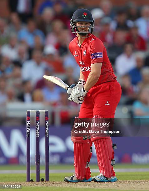 Karl Brown of Lancashire Lightning during the Natwest West T20 Blast match between Lancashire Lightning and Yorkshire Vikings at Old Trafford on June...