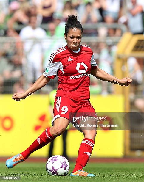 Celia Sasic of Frankfurt kicks the ball during the Women's Bundesliga match between VfL Wolfsburg and 1. FFC Frankfurt at Stadion am Elsterweg on...