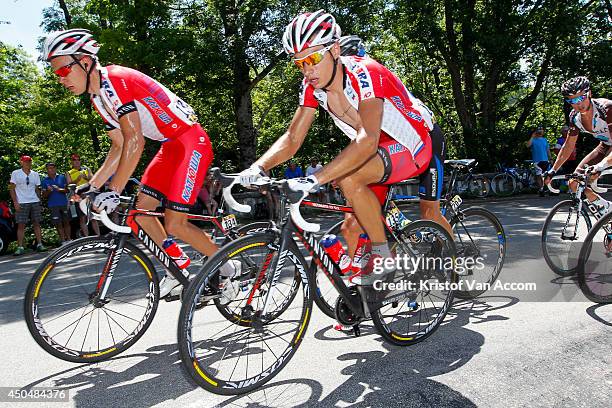 Egor Silin of Russia and Team Katusha and Simon Spilak of Slovenia and Team Katusha in action during the fifth stage of the Criterium du Dauphine on...