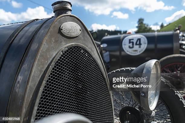 Close-up a radiator and logo of a Bugatti type Brescia car lined up during a tour in September, 2013 in Molsheim, France. A group of Bugatti Brescia...