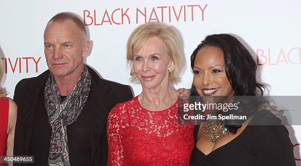 Singer/songwriter Sting, Trudie Styler and actress Lynn Whitfield attend the "Black Nativity" premiere at The Apollo Theater on November 18, 2013 in...