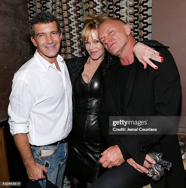 Actor Antonio Banderas, actress Melanie Griffith and musician Sting attend the after party for the "Black Nativity" premiere at The Red Rooster on...
