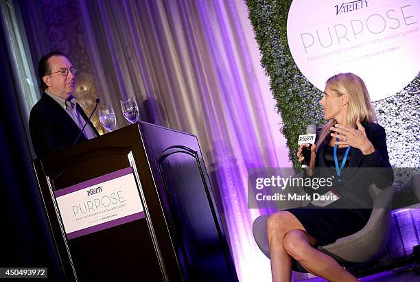 Variety Moderator Steven Gaydos and Executive Producer Duck Dynasty and Principal Gurney Productions Deirdre Gurney speak onstage during the The...