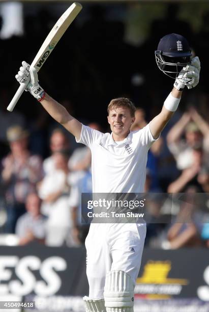 Joe Root of England celebrates reaching his century during day one of 1st Investec Test match between England and Sri Lanka at Lord's Cricket Ground...