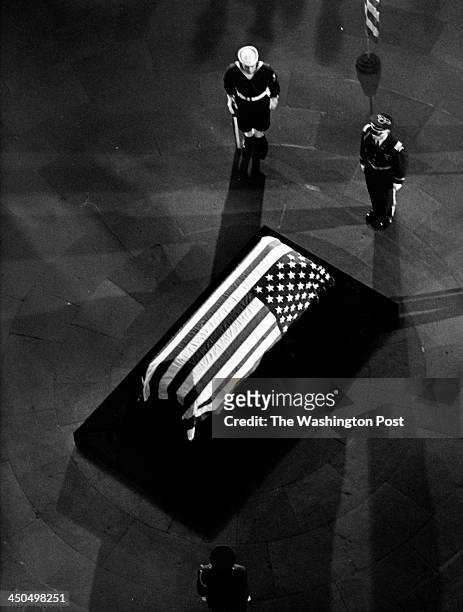 The casket of the late President John F. Kennedy is seen from above in the Capitol rotunda in Washington, D.C. On November 24, 1963.