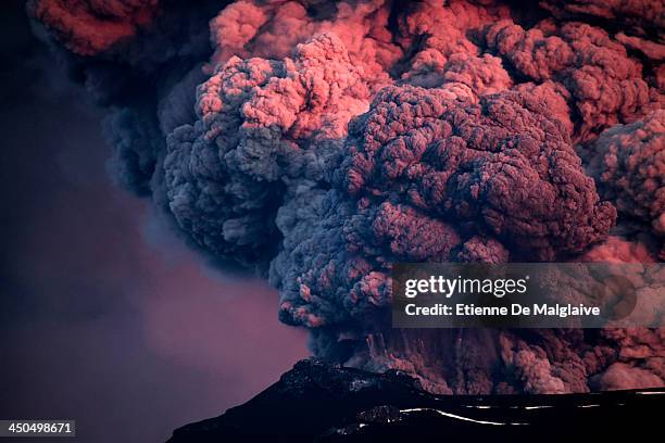 Towering ash plume from Iceland's Eyjafjallajokull crater during it's eruption, spewing tephra and cloud of ashes that drift toward continental...