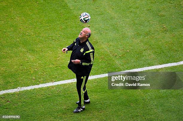 Head coach Vicente Del Bosque of Spain heads the ball during the Spain training session ahead the 2014 FIFA World Cup Group B match between Spain and...