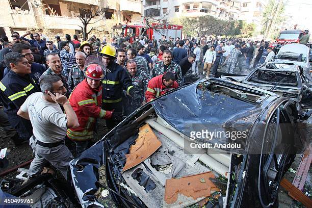 View of the huge explosion scene near Iran embassy on November 19, 2013 in Beirut, Lebanon. 20 people killed in the blast according to initial...