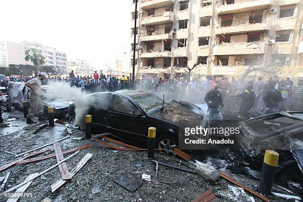 View of the huge explosion scene near Iran embassy on November 19, 2013 in Beirut, Lebanon. 20 people killed in the blast according to initial...