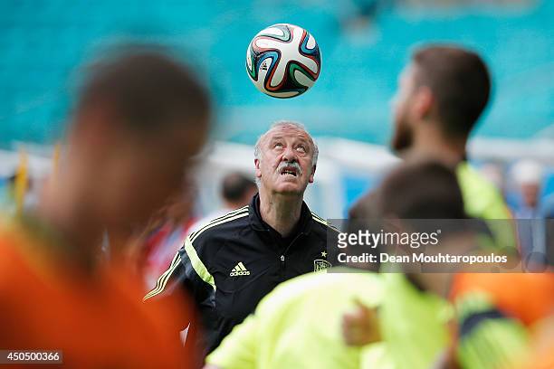 Spanish Head Coach, Vicente del Bosque juggles the ball on his head as the players warm up during the Spain training session ahead of the 2014 FIFA...