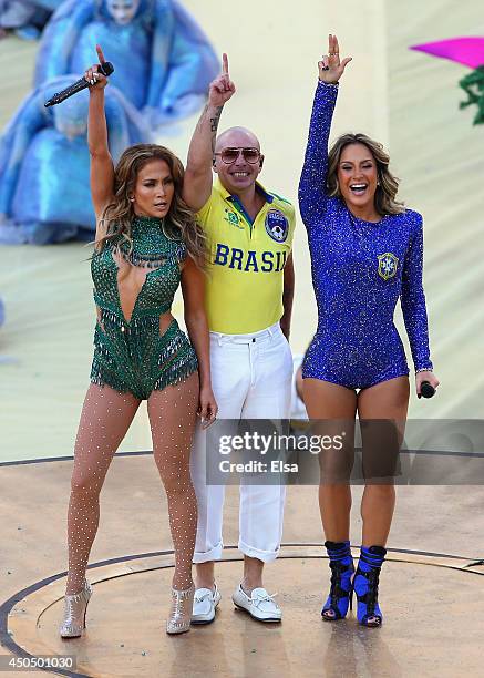 Singers Jennifer Lopez, Pitbull and Claudia Leitte perform during the Opening Ceremony of the 2014 FIFA World Cup Brazil prior to the Group A match...