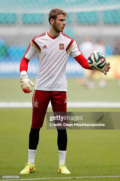 David De Gea in action during the Spain training session ahead of the 2014 FIFA World Cup Group B match between Spain and the Netherlands held at the...