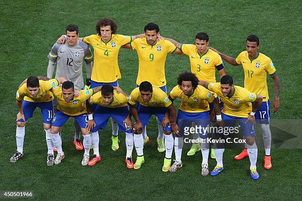 The Brazil team pose prior to the 2014 FIFA World Cup Brazil Group A match between Brazil and Croatia at Arena de Sao Paulo on June 12, 2014 in Sao...