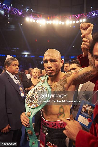 Middleweight Title: Miguel Cotto victorious with belt after winning fight vs Sergio Martinez at Madison Square Garden. New York, NY 6/7/2014 CREDIT:...