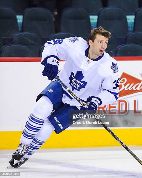 Frazer McLaren of the Toronto Maple Leafs skates against the Calgary Flames during an NHL game at Scotiabank Saddledome on October 30, 2013 in...