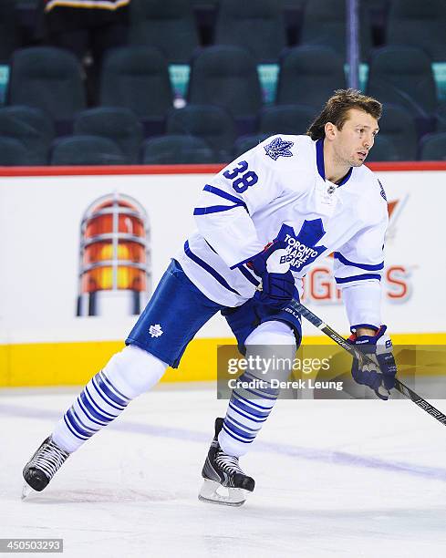 Frazer McLaren of the Toronto Maple Leafs skates against the Calgary Flames during an NHL game at Scotiabank Saddledome on October 30, 2013 in...