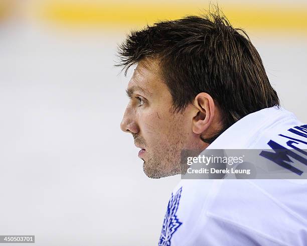 Frazer McLaren of the Toronto Maple Leafs skates against the Calgary Flames during an NHL game at Scotiabank Saddledome on October 30, 2013 in...