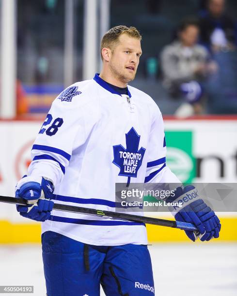 Colton Orr of the Toronto Maple Leafs skates against the Calgary Flames during an NHL game at Scotiabank Saddledome on October 30, 2013 in Calgary,...