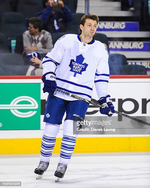 Frazer McLaren of the Toronto Maple Leafs skates against the Calgary Flames during an NHL game at Scotiabank Saddledome on October 30, 2013 in...