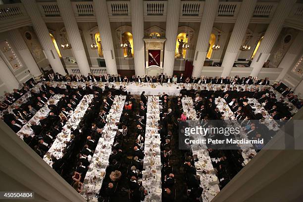 Invited guests listen to the speakers during the 'Lord Mayor's Dinner to the Bankers and Merchants of the City of London' at the Mansion House on...