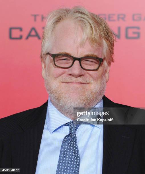 Actor Philip Seymour Hoffman arrives at the Los Angeles Premiere "The Hunger Games: Catching Fire" at Nokia Theatre L.A. Live on November 18, 2013 in...