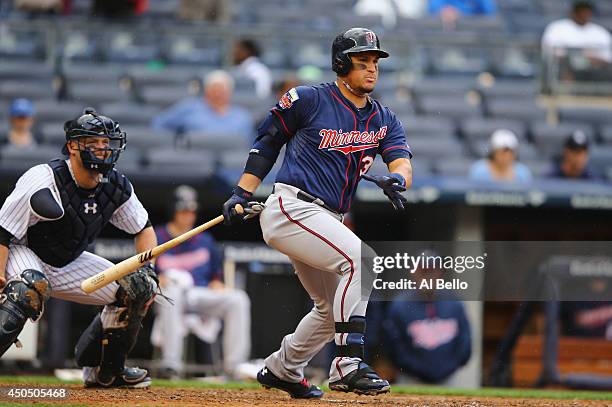 Oswaldo Arcia of the Minnesota Twins in action against the New York Yankees during their game at Yankee Stadium on May 31, 2014 in the Bronx borough...