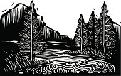 Black and white illustration of a mountain landscape