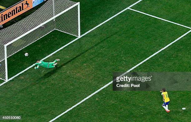 Neymar of Brazil takes a penalty kick against Stipe Pletikosa of Croatia during the 2014 FIFA World Cup Brazil Group A match between Brazil and...