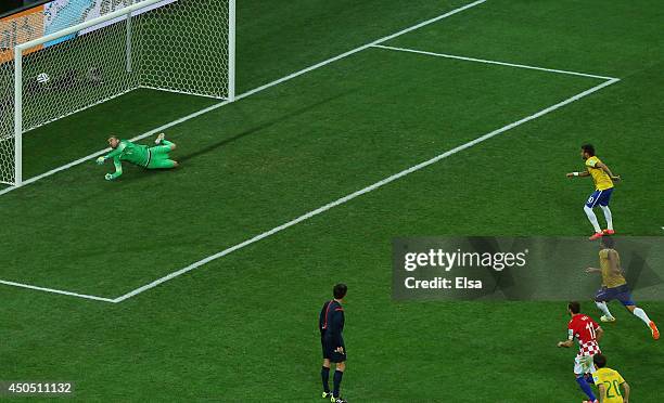 Neymar of Brazil takes a penalty kick against Stipe Pletikosa of Croatia during the 2014 FIFA World Cup Brazil Group A match between Brazil and...