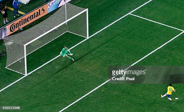 Neymar of Brazil takes a penalty kick against Stipe Pletikosa of Croatia during the 2014 FIFA World Cup Brazil Group A match between Brazil and...