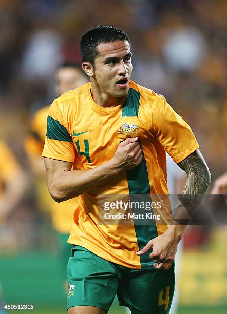 Tim Cahill of the Socceroos celebrates scoring the first goal during the international friendly match between the Australian Socceroos and Costa Rica...