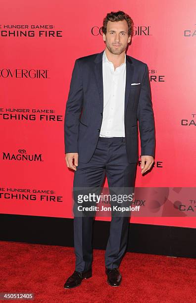 Professional hockey player Jarret Stoll arrives at the Los Angeles Premiere "The Hunger Games: Catching Fire" at Nokia Theatre L.A. Live on November...