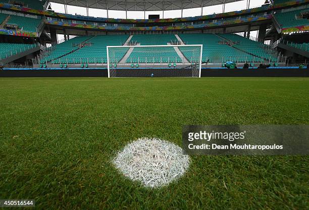General view of the goal mouth and the penalty spot prior to the Spain training session ahead of the 2014 FIFA World Cup Group B match between Spain...