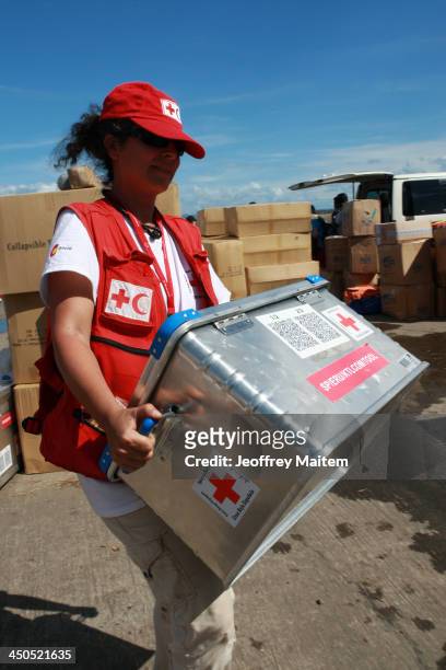 Member of the Spanish Red Cross staff carries a crate of Emergency Response Unit IT/Telecom modules for water treatment in support to the Philippine...