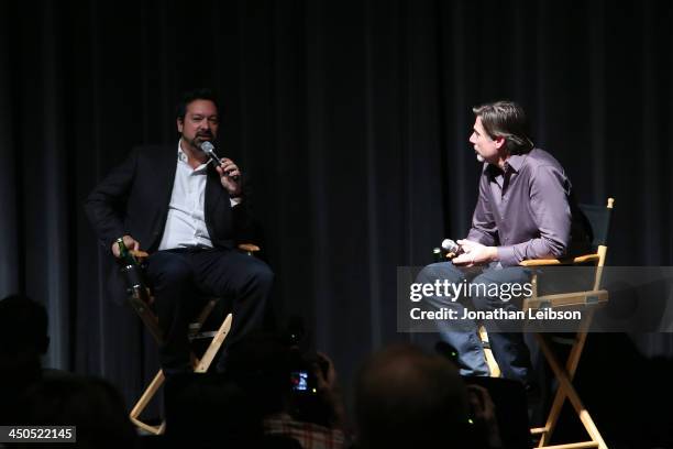 James Mangold and Geoff Boucher attend the Fox Home Entertainment Hosts "The Wolverine" Unleashed Extended Unrated Screening at Fox Studio Lot on...