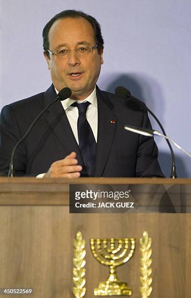 French President Francois Hollande gives a speech during their visit to a French-Israeli technology innovation summit at a hotel in the Mediterranean...