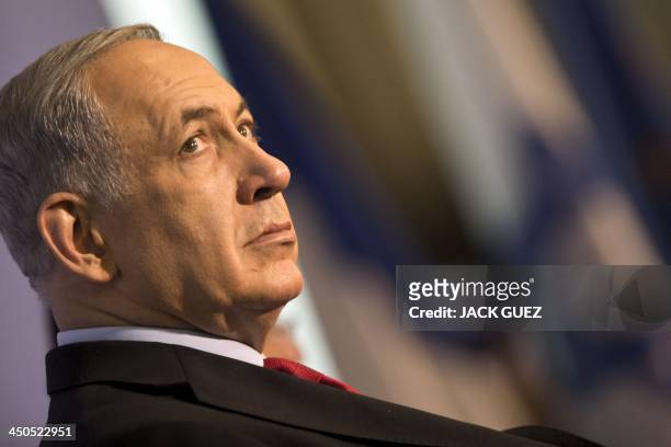 Israeli Prime Minister Benjamin Netanyahu visits a French-Israeli technology innovation summit at a hotel in the Mediterranean coastal city of Tel...
