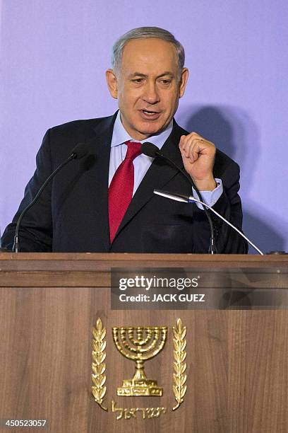 Israeli Prime Minister Benjamin Netanyahu addresses French-Israeli technology innovation summit at a hotel in the Mediterranean coastal city of Tel...