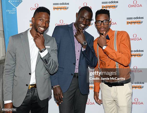 Olympic athletes Michael Tinsley, David Rudisha and Tony McQuay attend the adidas Grand Prix celebration hosted by OMEGA at the OMEGA Fifth Avenue...