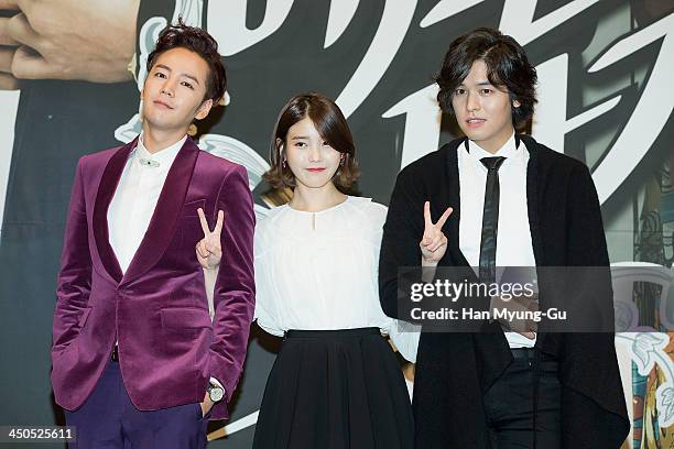 South Korean actors Jang Keun-Suk, IU and Lee Jang-Woo attend KBS Drama "Bel Ami" press conference at Imperial Palace Hotel on November 18, 2013 in...