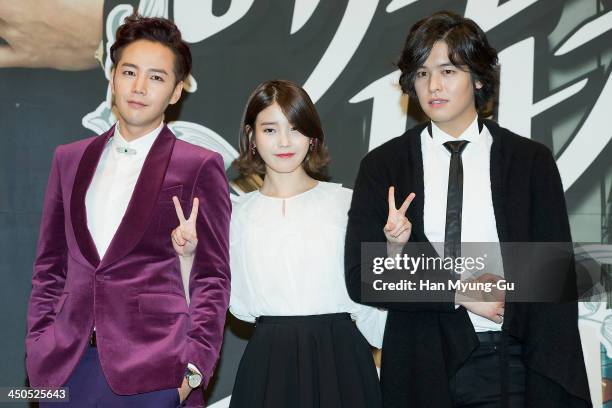 South Korean actors Jang Keun-Suk, IU and Lee Jang-Woo attend KBS Drama "Bel Ami" press conference at Imperial Palace Hotel on November 18, 2013 in...