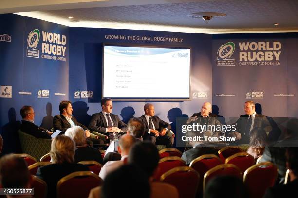 Augustin Pichot of Argentina, Will Greenwood of England, George Gregan of Australia; Keith Wood of Ireland and Warren Deutrom of Cricket Ireland talk...