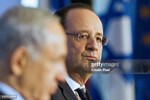 French President Francois Hollande and Israeli Prime Minister Benjamin Netanyahu attend a French-Israeli technology innovation summit at a hotel on...