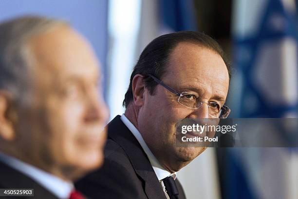 French President Francois Hollande and Israeli Prime Minister Benjamin Netanyahu attend a French-Israeli technology innovation summit at a hotel on...