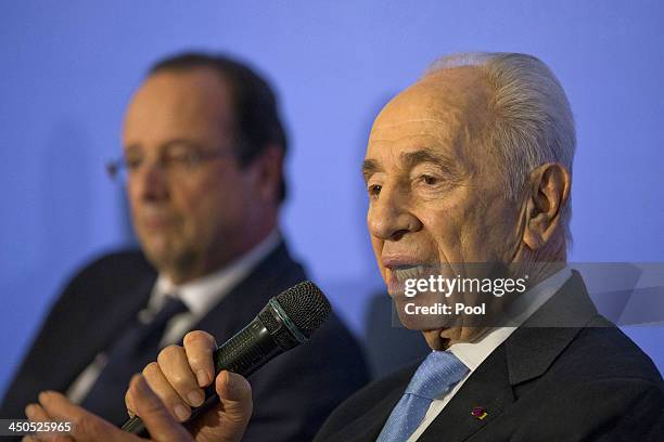 Israeli President Shimon Peres addresses a French-Israeli technology innovation summit at a hotel on November 19, 2013 in Tel Aviv, Israel. President...