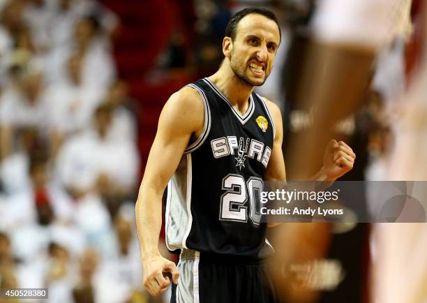 Manu Ginobili of the San Antonio Spurs celebrates against the Miami Heat during Game Four of the 2014 NBA Finals at American Airlines Arena on June...