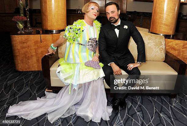 Grayson Perry and Owner of the London Evening Standard Evgeny Lebedev attend a drinks reception at the 59th London Evening Standard Theatre Awards at...